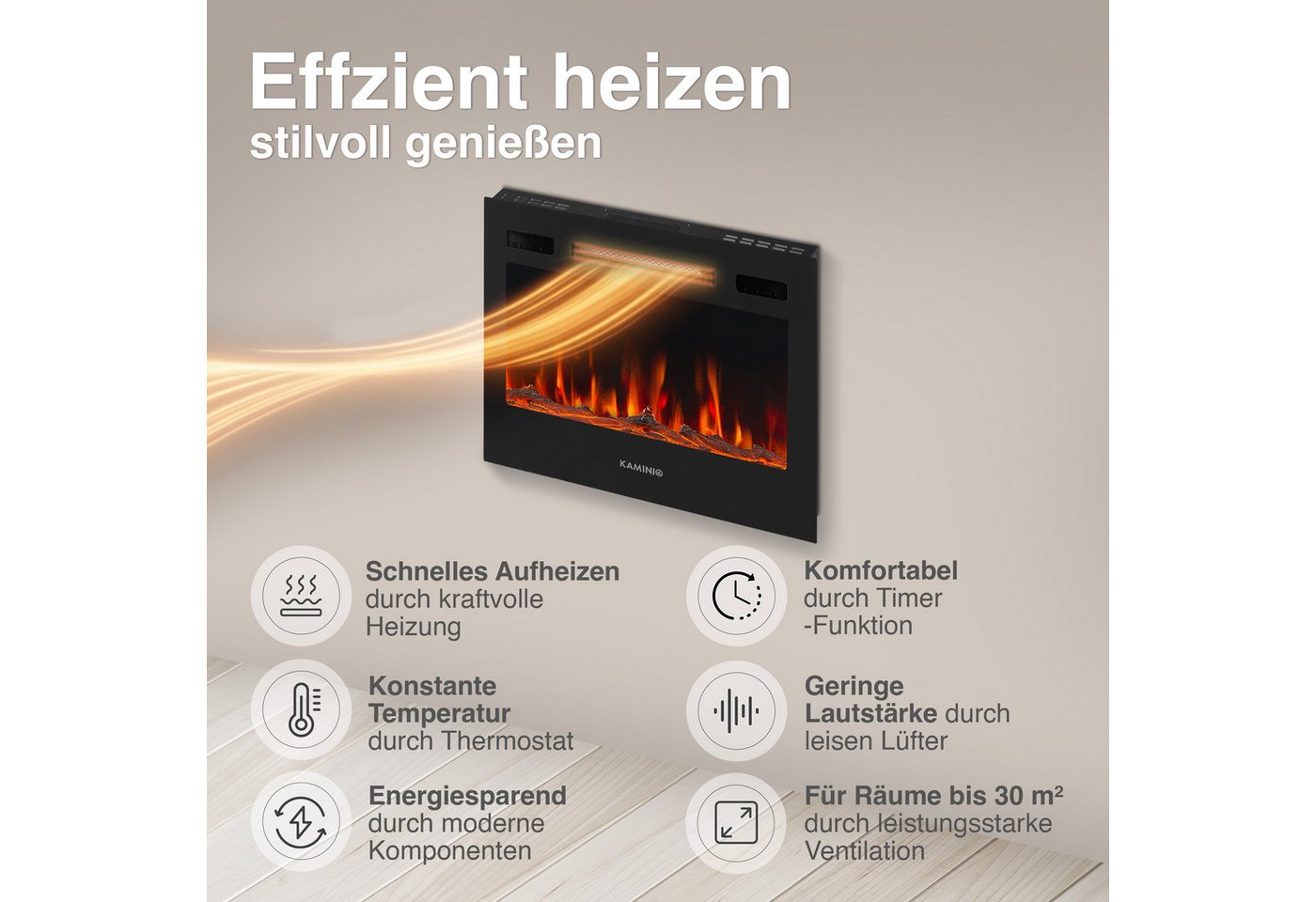 KAMINIO Elektrokamin MARLON, 3in1 Kamin: Elektrischer Stand-, Wand- und Einbaukamin, Heizung 1800W – Bild 4 von 5