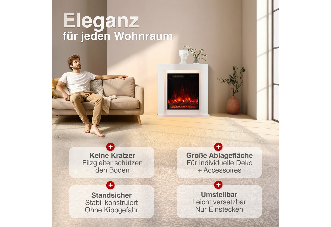 KAMINIO Elektrokamin MATTI, Elektrischer Kamin mit 3D-Flammeneffekt, Ambientelicht, Heizung 1800W – Bild 2 von 5
