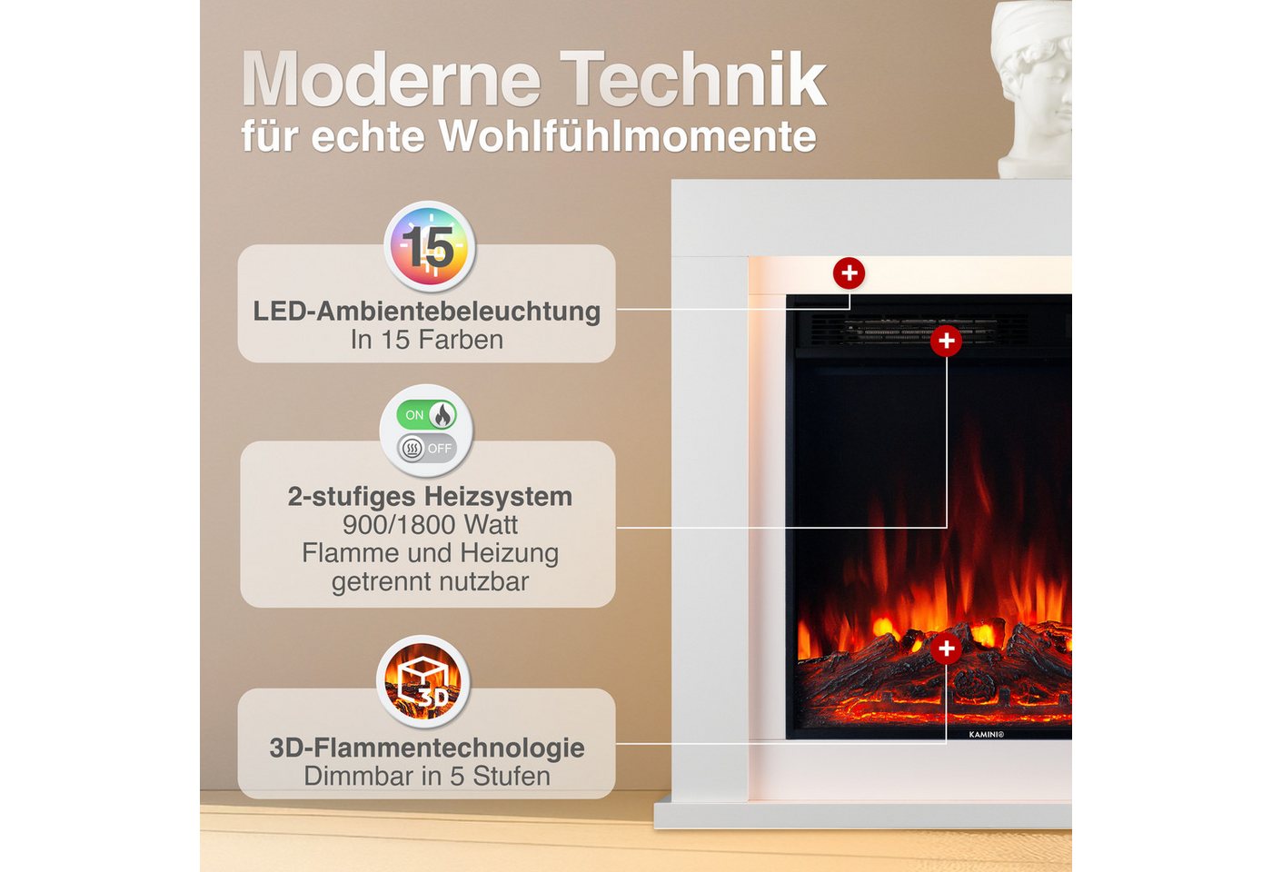 KAMINIO Elektrokamin MATTI, Elektrischer Kamin mit 3D-Flammeneffekt, Ambientelicht, Heizung 1800W – Bild 3 von 5