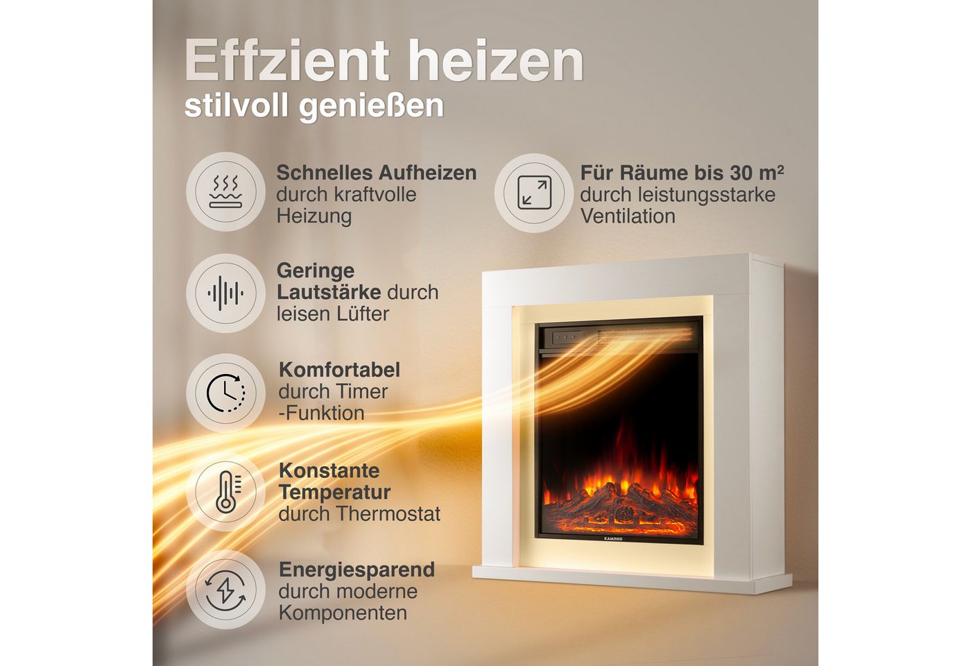 KAMINIO Elektrokamin MATTI, Elektrischer Kamin mit 3D-Flammeneffekt, Ambientelicht, Heizung 1800W – Bild 4 von 5