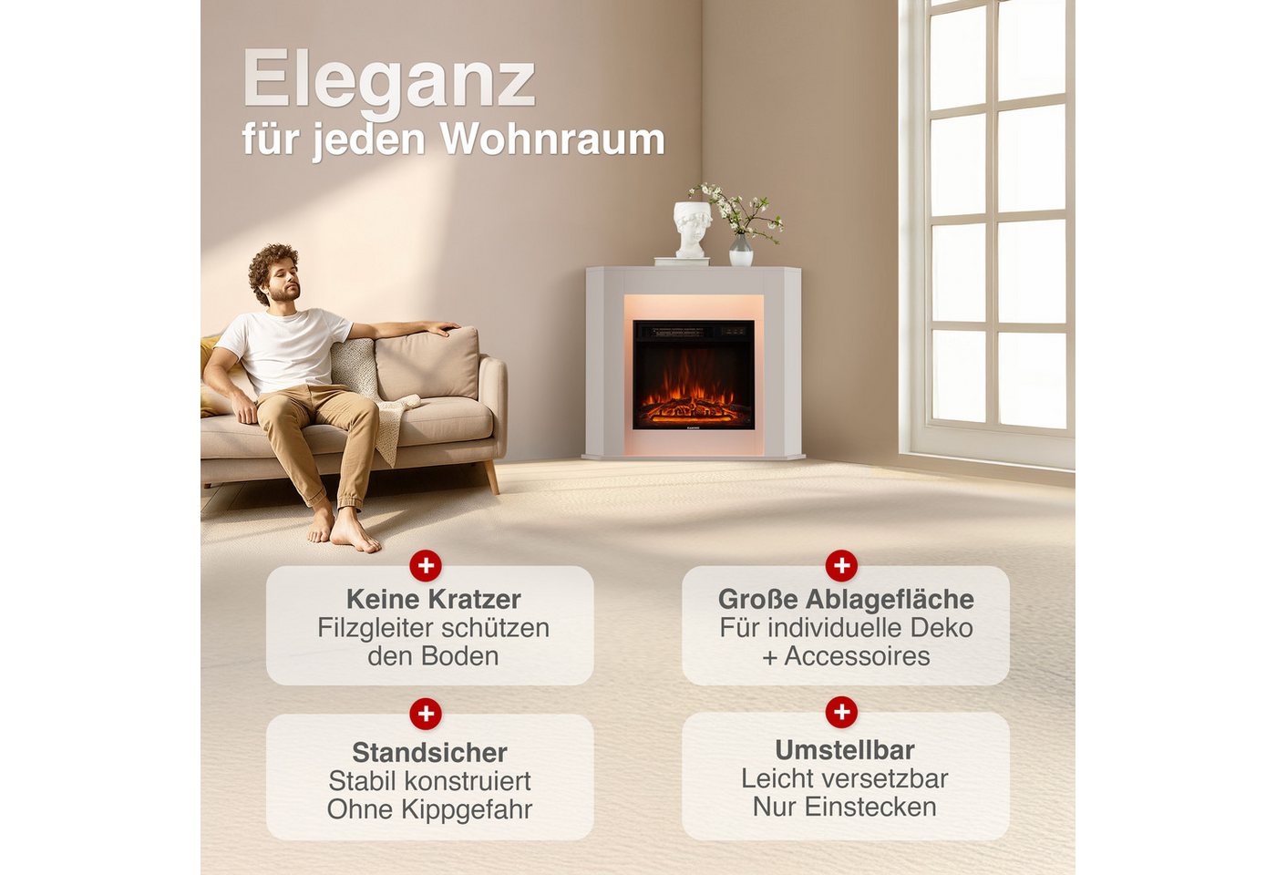 KAMINIO Elektrokamin MATTI, Elektrischer Kamin mit 3D-Flammeneffekt, Ambientelicht, Heizung 1800W – Bild 2 von 5