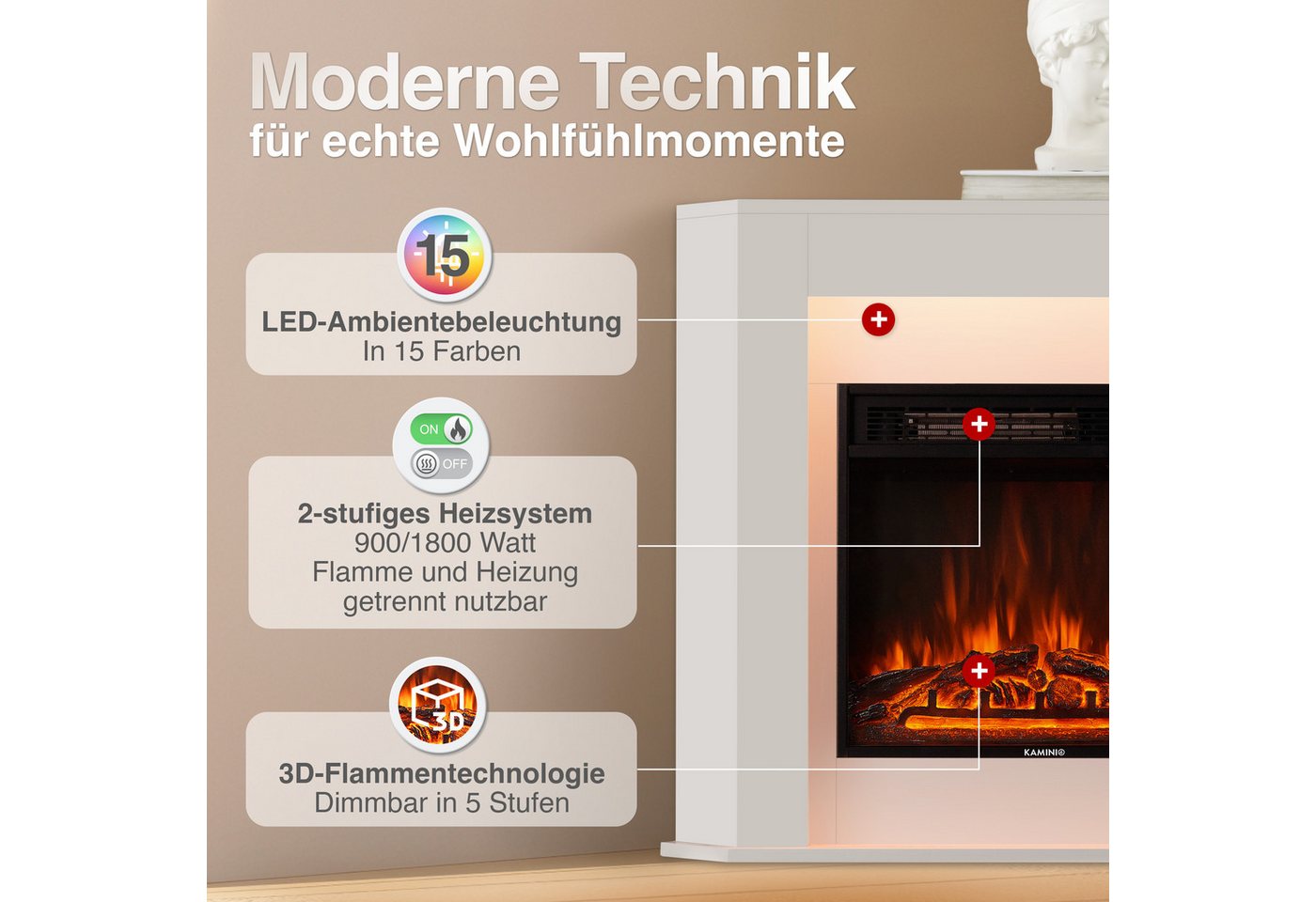 KAMINIO Elektrokamin MATTI, Elektrischer Kamin mit 3D-Flammeneffekt, Ambientelicht, Heizung 1800W – Bild 3 von 5