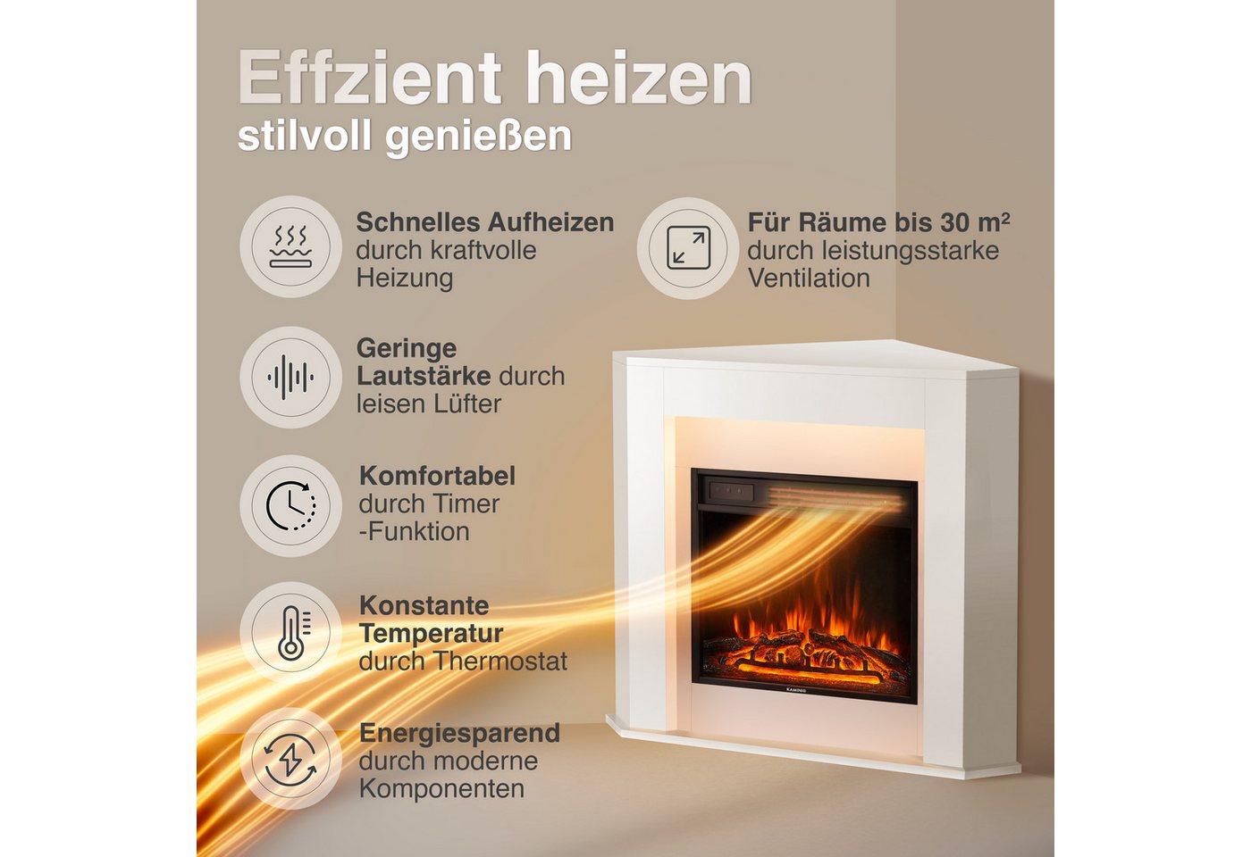 KAMINIO Elektrokamin MATTI, Elektrischer Kamin mit 3D-Flammeneffekt, Ambientelicht, Heizung 1800W – Bild 4 von 5