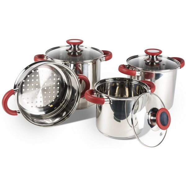 Kampa Dometic Topf-Set Space Saver Deluxe Cook Set, Edelstahl (3 Töpfe, 3 Deckel, 1 Sieb), stapelbar, hitzebeständige Griffe