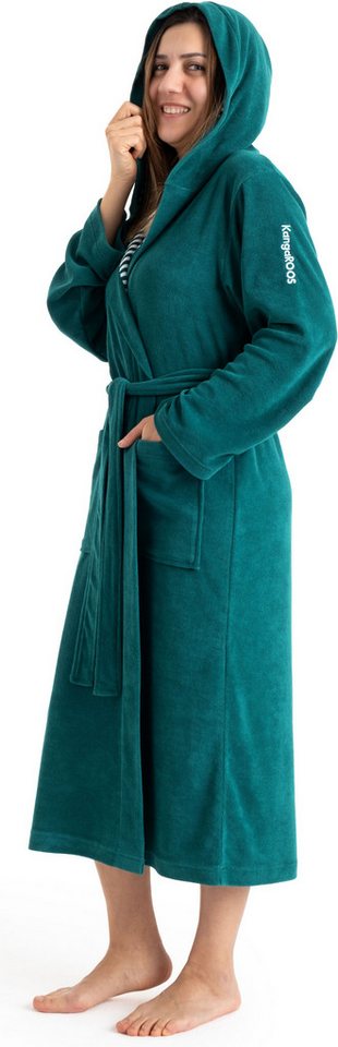 KangaROOS Damenbademantel Dalia, ideal für Sauna & Spa, Standardlänge & Überlänge, Langform, Leichtfrottier, Kapuze, Gürtel, Uni-Farben mit Streifen, Taschen, l – Bild 4 von 5