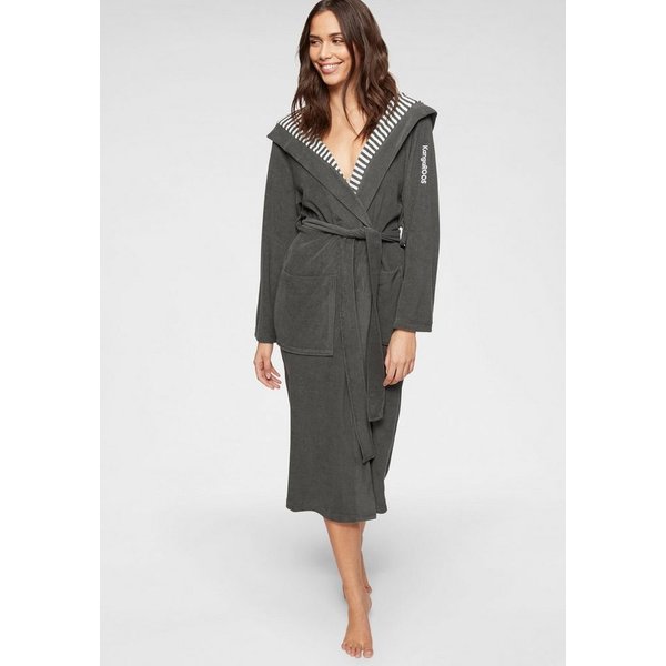 KangaROOS Damenbademantel Dalia, ideal für Sauna & Spa, Standardlänge & Überlänge, Langform, Leichtfrottier, Kapuze, Gürtel, Uni-Farben mit Streifen, Taschen, l