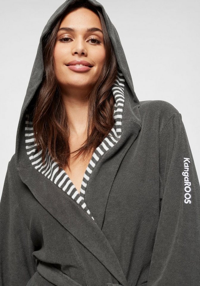 KangaROOS Damenbademantel Dalia, ideal für Sauna & Spa, Standardlänge & Überlänge, Langform, Leichtfrottier, Kapuze, Gürtel, Uni-Farben mit Streifen, Taschen, l – Bild 5 von 5