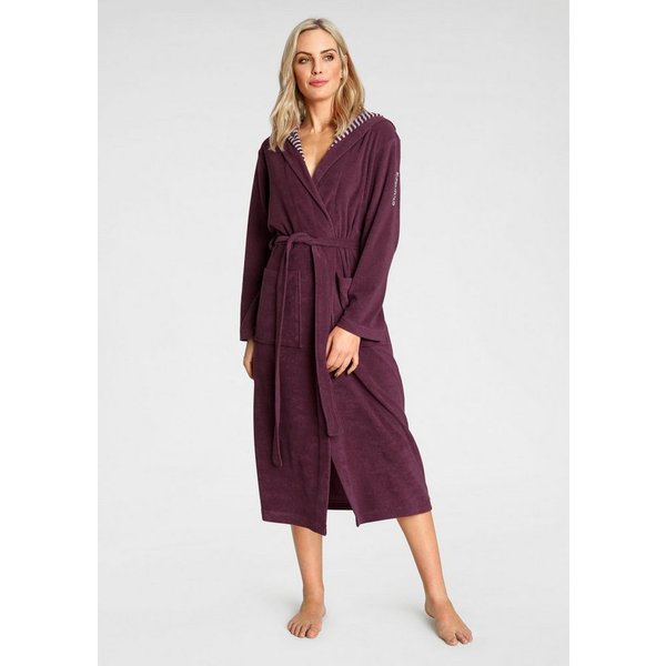 KangaROOS Damenbademantel Dalia, ideal für Sauna & Spa, Standardlänge & Überlänge, Langform, Leichtfrottier, Kapuze, Gürtel, Uni-Farben mit Streifen, Taschen, l