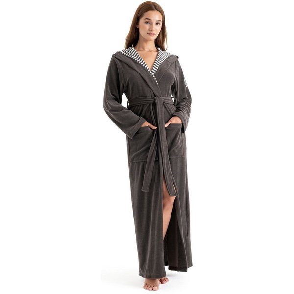 KangaROOS Damenbademantel Dalia, ideal für Sauna & Spa, Standardlänge & Überlänge, Langform, Leichtfrottier, Kapuze, Gürtel, Uni-Farben mit Streifen, Taschen, l