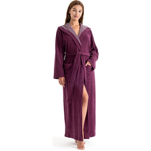 KangaROOS Damenbademantel Dalia, ideal für Sauna & Spa, Standardlänge & Überlänge, Langform, Leichtfrottier, Kapuze, Gürtel, Uni-Farben mit Streifen, Taschen, l