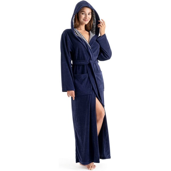 KangaROOS Damenbademantel Dalia, ideal für Sauna & Spa, Standardlänge & Überlänge, Langform, Leichtfrottier, Kapuze, Gürtel, Uni-Farben mit Streifen, Taschen, l