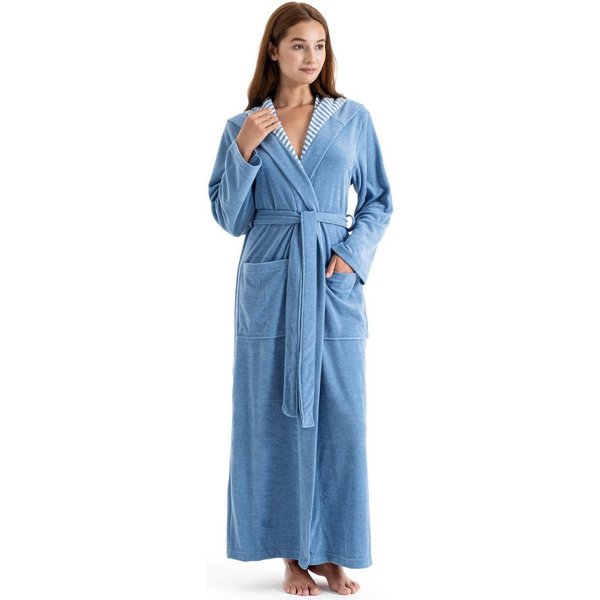 KangaROOS Damenbademantel Dalia, ideal für Sauna & Spa, Standardlänge & Überlänge, Langform, Leichtfrottier, Kapuze, Gürtel, Uni-Farben mit Streifen, Taschen, l