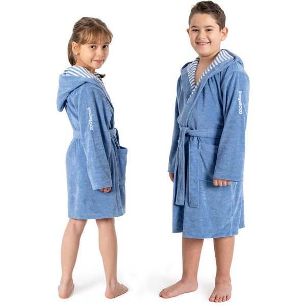 KangaROOS Kinderbademantel Dalia, Ideal für Zuhause, Schwimmbad oder im Urlaub, Langform, Veloursfrottier, Kapuze, Gürtel, Uni-Farben mit Streifen