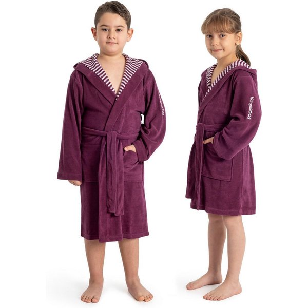 KangaROOS Kinderbademantel Dalia, Ideal für Zuhause, Schwimmbad oder im Urlaub, Langform, Veloursfrottier, Kapuze, Gürtel, Uni-Farben mit Streifen