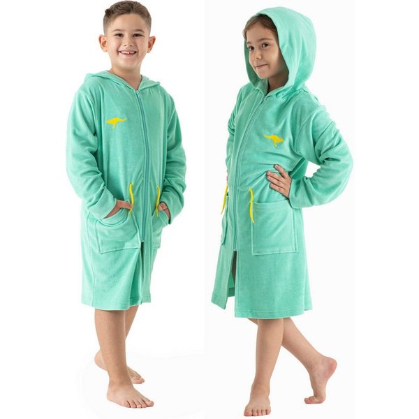 KangaROOS Kinderbademantel Kira, Ideal für Zuhause, Schwimmbad oder im Urlaub, Kurzform, Leichtfrottier, Kapuze, Reißverschluss, modernen, sportliches Design, l