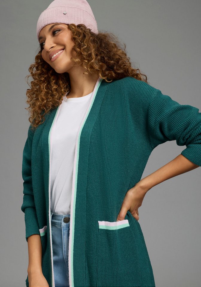 KangaROOS Strickjacke hüftbedeckende Länge, Kontrastdetails, offene Form – Bild 2 von 5