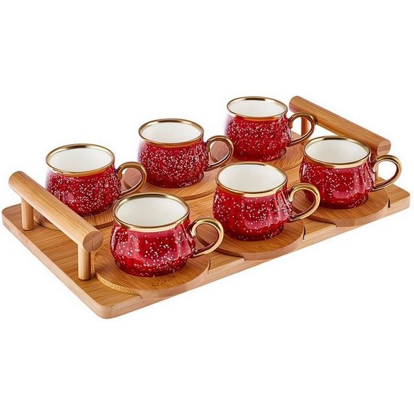 Karaca Kaffeeservice Bambus Tablett 6 Person Rot Kaffeetasse Set 90 ml, Handwäsche empfohlen