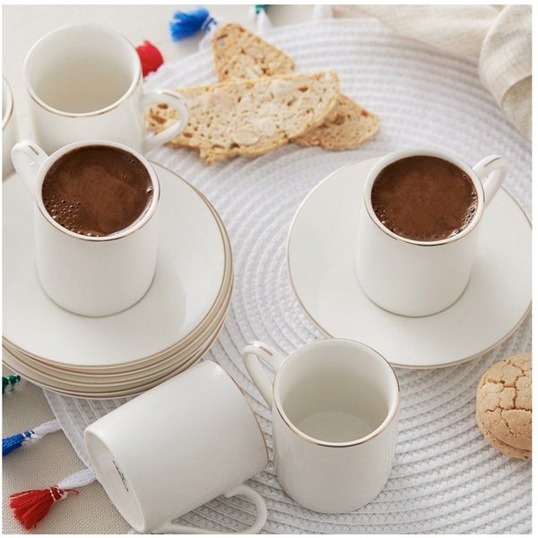 Karaca Kaffeeservice Elda 80 ml Kaffeetasse mit Untertasse Set für 6 Personen - Weiß, 6 Personen