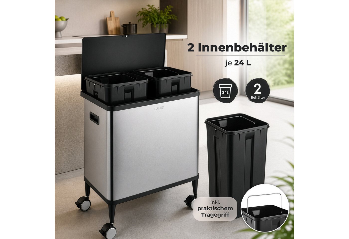 Karat Mülleimer Sensor Abfalleimer Tyler 48 L mit Mülltrennung 2 x 24 L Edelstahl, 2-fache Mülltrennung, 2 × 24 Liter – Bild 4 von 5