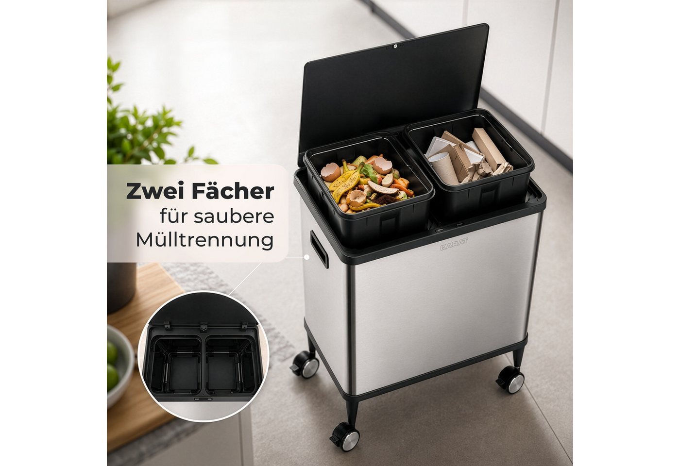Karat Mülleimer Sensor Abfalleimer Tyler 48 L mit Mülltrennung 2 x 24 L Edelstahl, 2-fache Mülltrennung, 2 × 24 Liter – Bild 5 von 5