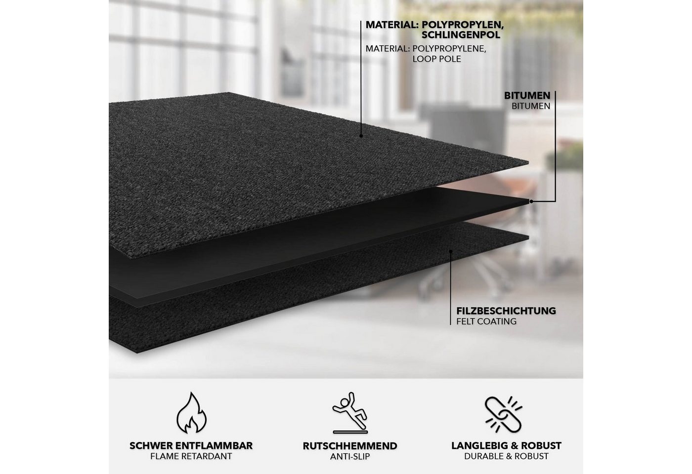 Karat Teppichfliese Moscow, Bodenschutz, Erhältlich in 4 Farben, 50 x 50 cm, Quadratisch, Höhe: 5.5 mm, Selbstliegend – Bild 4 von 5