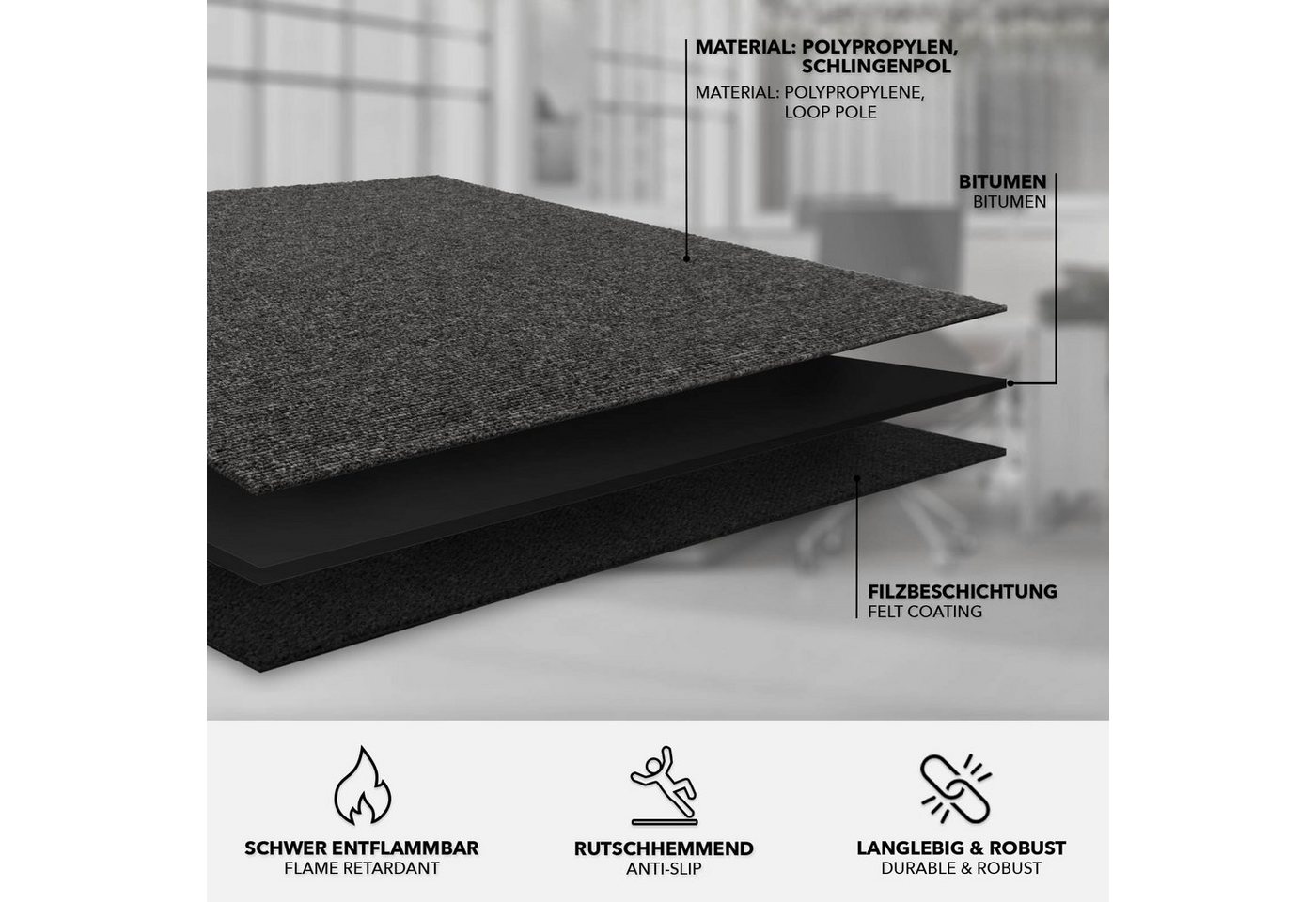 Karat Teppichfliese Moscow, Bodenschutz, Erhältlich in 4 Farben, 50 x 50 cm, Quadratisch, Höhe: 5.5 mm, Selbstliegend – Bild 4 von 5