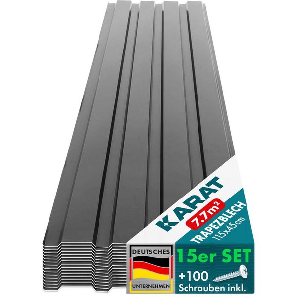 Karat Trapezblech Dachblech 7,7m² inkl Schrauben, Wandblech verzinkt, Profilblech, Blech verzinkt, 1150x450x0,25 mm (Spar-Set 15-St. 115x45 cm) wetterfest für C