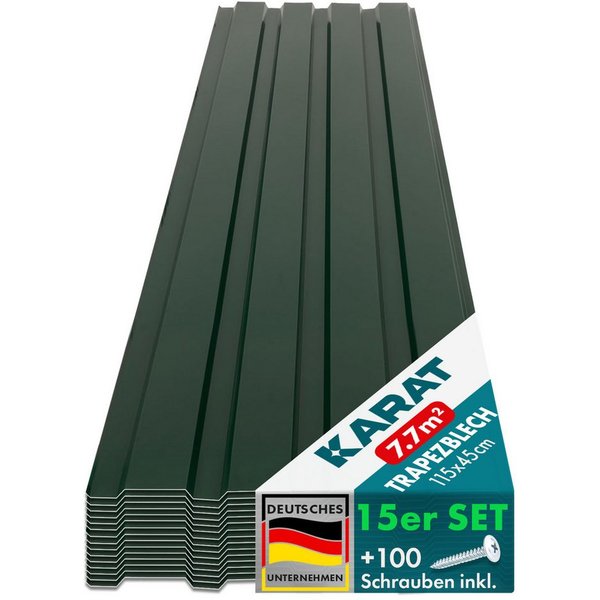 Karat Trapezblech Dachblech 7,7m² inkl Schrauben, Wandblech verzinkt, Profilblech, Blech verzinkt, 1150x450x0,25 mm (Spar-Set 15-St. 115x45 cm) wetterfest für C