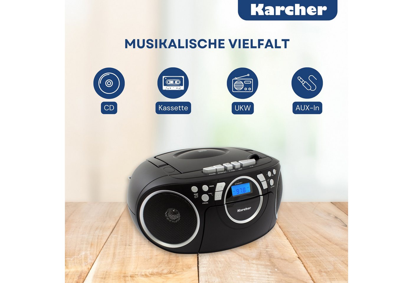 Karcher RR-5042-B Boombox (UKW (FM), tragbarer CD-Player mit UKW Radio, Kassettendeck) – Bild 3 von 5