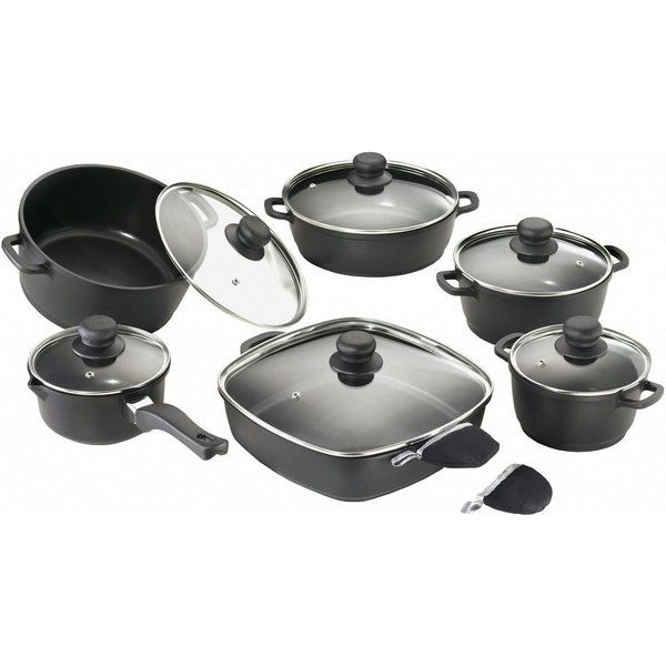 Karcher Topf-Set Aluguss, Aluminiumguss (12-tlg), Teflon-Classic-Antihaftbeschichtung, inkl. Glasdeckel & 2 Thermogrips