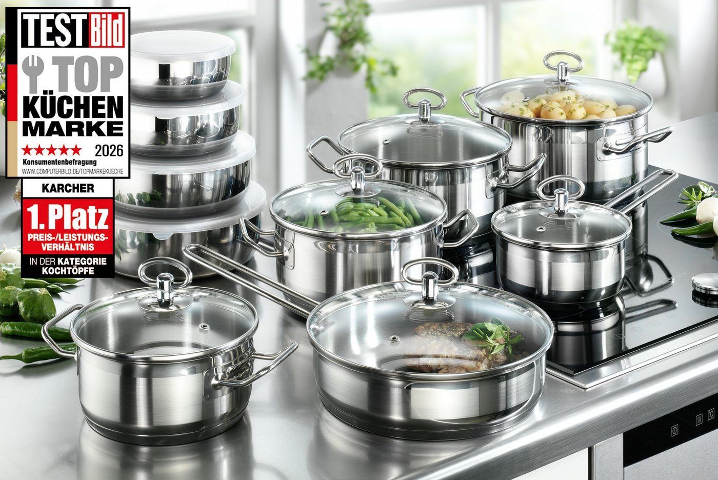 Karcher Topf-Set Kochtopfset Jasmin, Edelstahl (20-tlg), inkl. Glasdeckel und Edelstahl Schüssel Set, Induktion – Bild 2 von 5