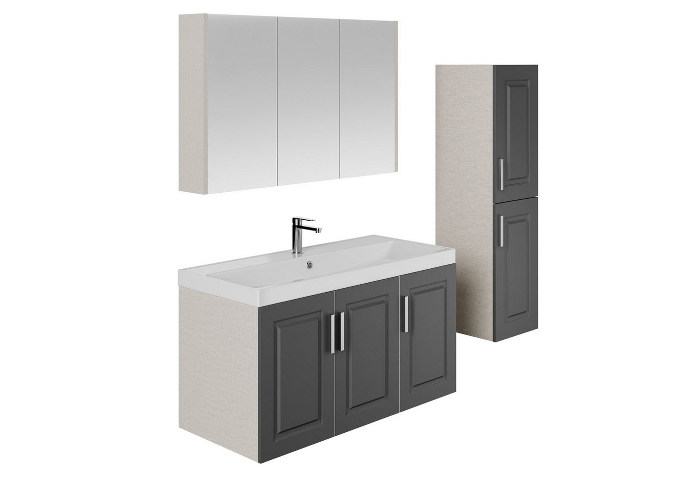 Karen Badmöbel-Set Badmöbel Set Arin 100, (Komplett-Set, 3-Teilig (Unterschrank, Spiegelschrank, Waschbecken), 3-St., Unterschrank mit Türen, Spiegelschrank mit – Bild 2 von 5