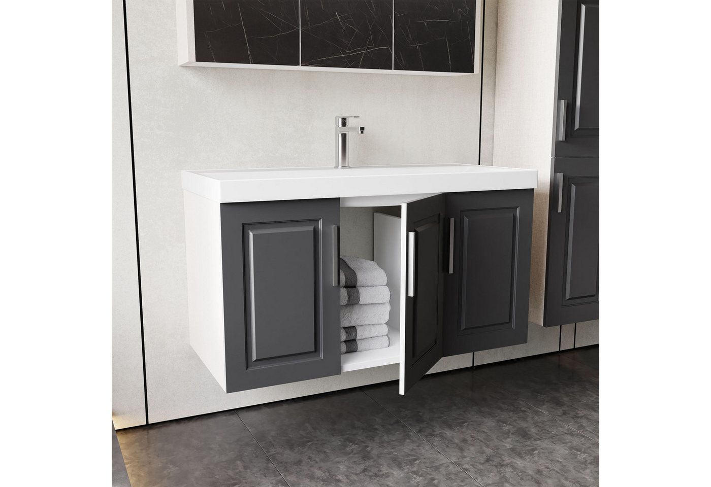 Karen Badmöbel-Set Badmöbel Set Arin 100, (Komplett-Set, 3-Teilig (Unterschrank, Spiegelschrank, Waschbecken), 3-St., Unterschrank mit Türen, Spiegelschrank mit – Bild 3 von 5