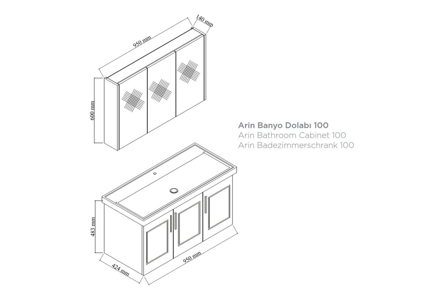 Karen Badmöbel-Set Badmöbel Set Arin 100, (Komplett-Set, 3-Teilig (Unterschrank, Spiegelschrank, Waschbecken), 3-St., Unterschrank mit Türen, Spiegelschrank mit – Bild 5 von 5