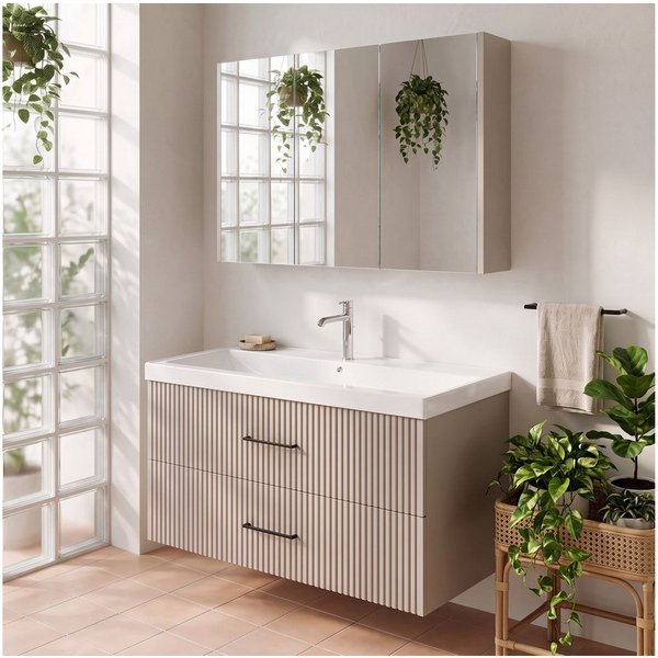 Karen Badmöbel-Set Badmöbel Set Liana, (Komplett-Set, Standartmäßig 3-Teilig (Unterschrank, Spiegelschrank, Waschbecken), 3-St., Der Lieferumfang umfasst Unters