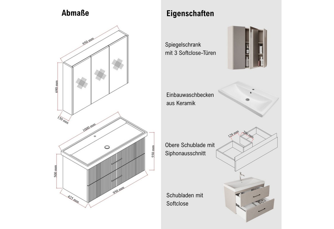 Karen Badmöbel-Set Badmöbel Set Liana, (Komplett-Set, Standartmäßig 3-Teilig (Unterschrank, Spiegelschrank, Waschbecken), 3-St., Der Lieferumfang umfasst Unters – Bild 2 von 5