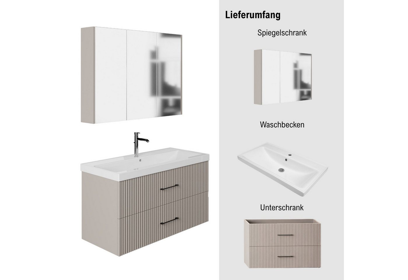 Karen Badmöbel-Set Badmöbel Set Liana, (Komplett-Set, Standartmäßig 3-Teilig (Unterschrank, Spiegelschrank, Waschbecken), 3-St., Der Lieferumfang umfasst Unters – Bild 3 von 5
