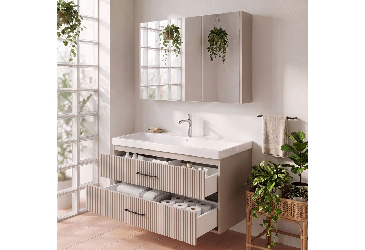 Karen Badmöbel-Set Badmöbel Set Liana, (Komplett-Set, Standartmäßig 3-Teilig (Unterschrank, Spiegelschrank, Waschbecken), 3-St., Der Lieferumfang umfasst Unters – Bild 5 von 5