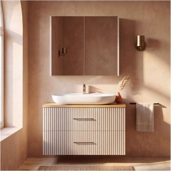 Karen Badmöbel-Set Badmöbel Set Liana, (Komplett-Set, Standartmäßig 4-Teilig (Unterschrank, Konsole, Waschbecken, Spiegelschrank), 3-St., Unterschrank mit Türen