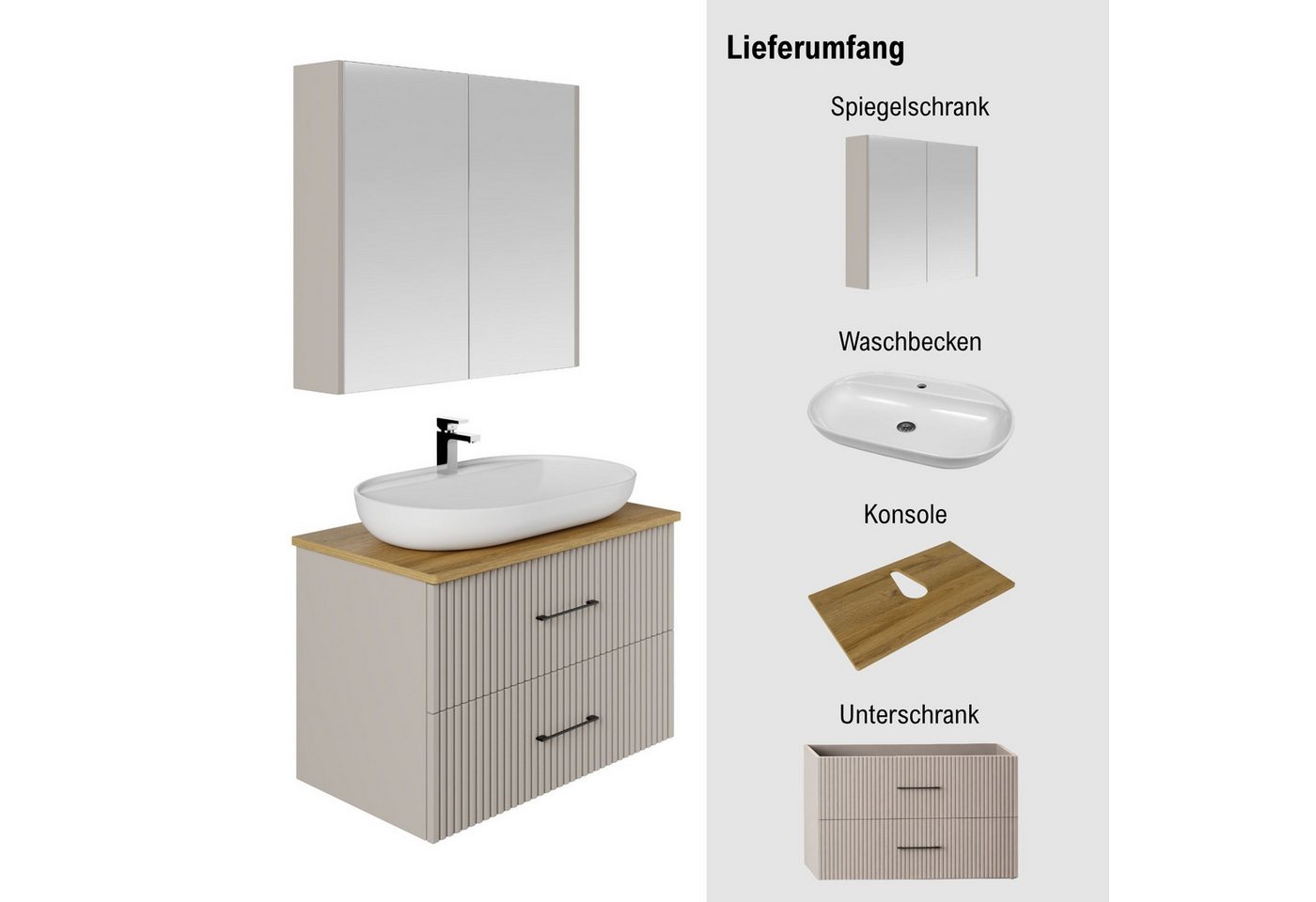 Karen Badmöbel-Set Badmöbel Set Liana, (Komplett-Set, Standartmäßig 4-Teilig (Unterschrank, Konsole, Waschbecken, Spiegelschrank), 3-St., Unterschrank mit Türen – Bild 3 von 5