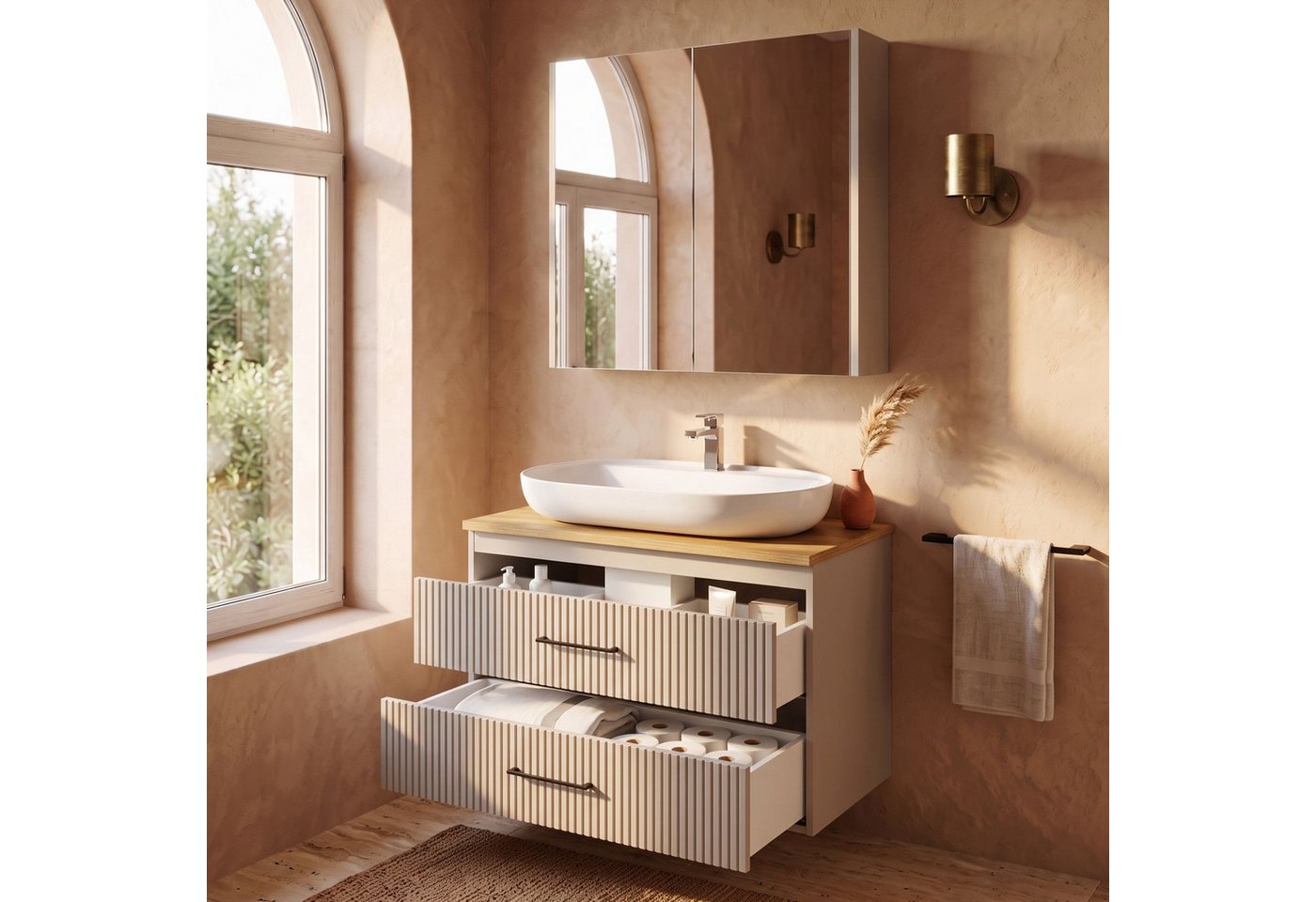 Karen Badmöbel-Set Badmöbel Set Liana, (Komplett-Set, Standartmäßig 4-Teilig (Unterschrank, Konsole, Waschbecken, Spiegelschrank), 3-St., Unterschrank mit Türen – Bild 5 von 5