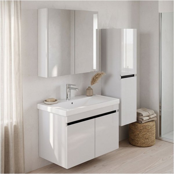 Karen Badmöbel-Set Badmöbel Set Venus, (Komplett-Set, Standartmäßig 3-Teilig (Unterschrank, Spiegelschrank, Waschbecken), Optionaler Hochschrank, 3-St., Untersc