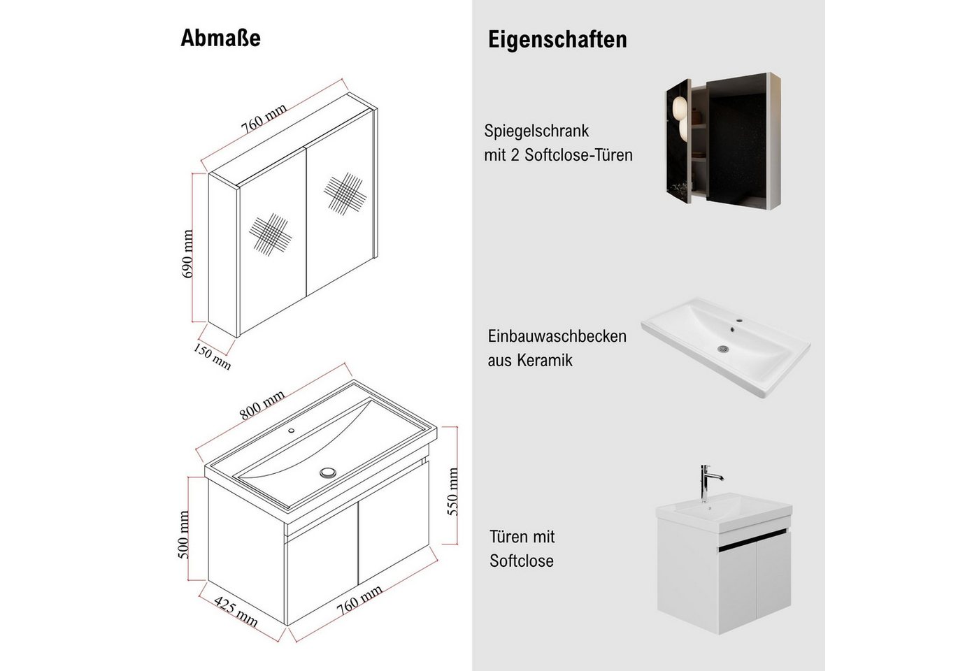 Karen Badmöbel-Set Badmöbel Set Venus, (Komplett-Set, Standartmäßig 3-Teilig (Unterschrank, Spiegelschrank, Waschbecken), Optionaler Hochschrank, 3-St., Untersc – Bild 2 von 5
