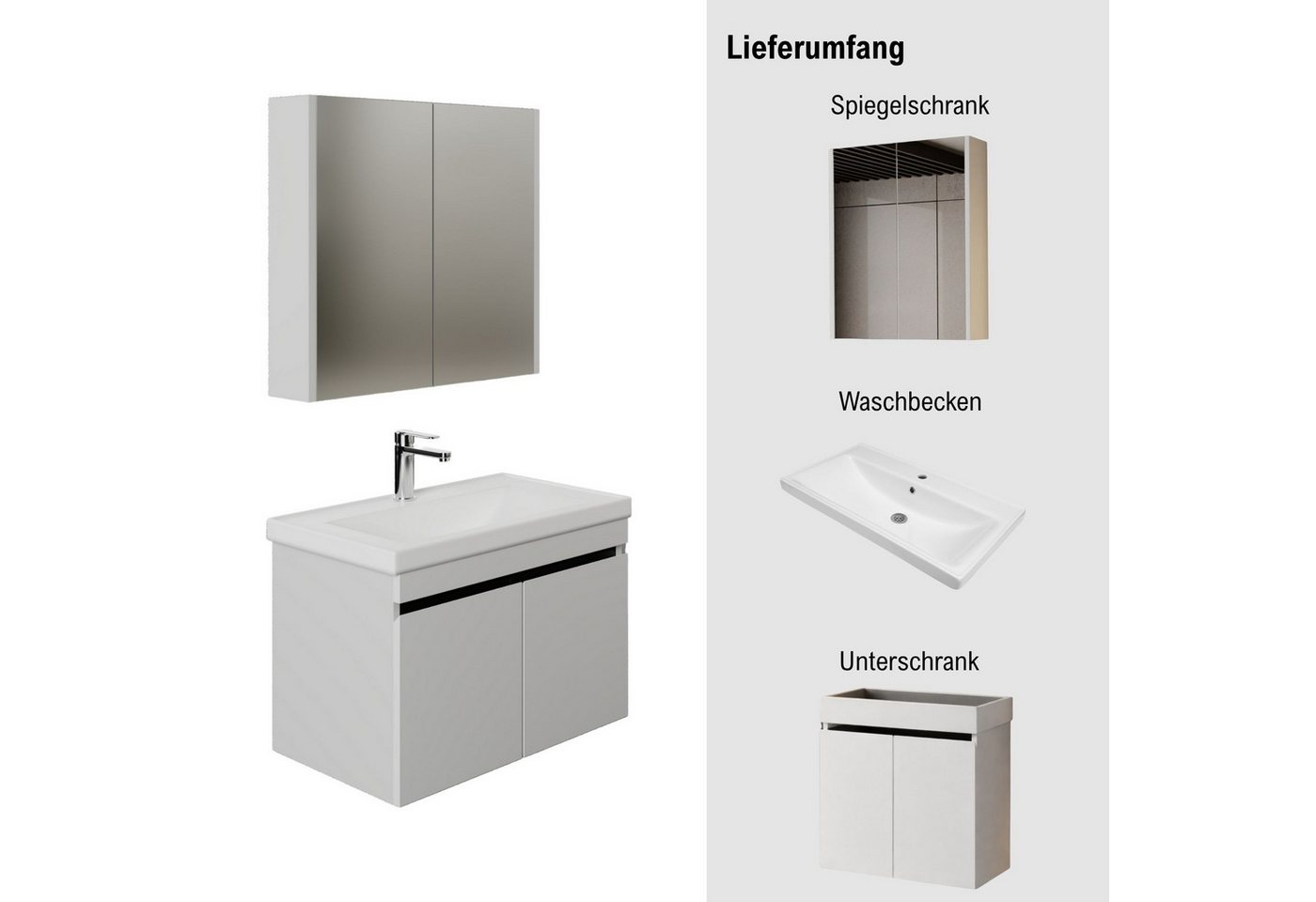 Karen Badmöbel-Set Badmöbel Set Venus, (Komplett-Set, Standartmäßig 3-Teilig (Unterschrank, Spiegelschrank, Waschbecken), Optionaler Hochschrank, 3-St., Untersc – Bild 3 von 5