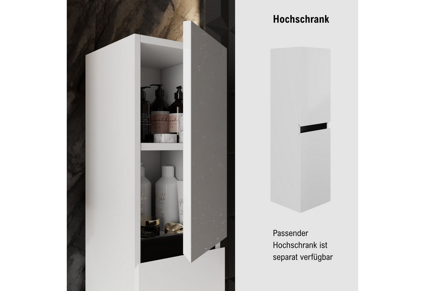 Karen Badmöbel-Set Badmöbel Set Venus, (Komplett-Set, Standartmäßig 3-Teilig (Unterschrank, Spiegelschrank, Waschbecken), Optionaler Hochschrank, 3-St., Untersc – Bild 4 von 5