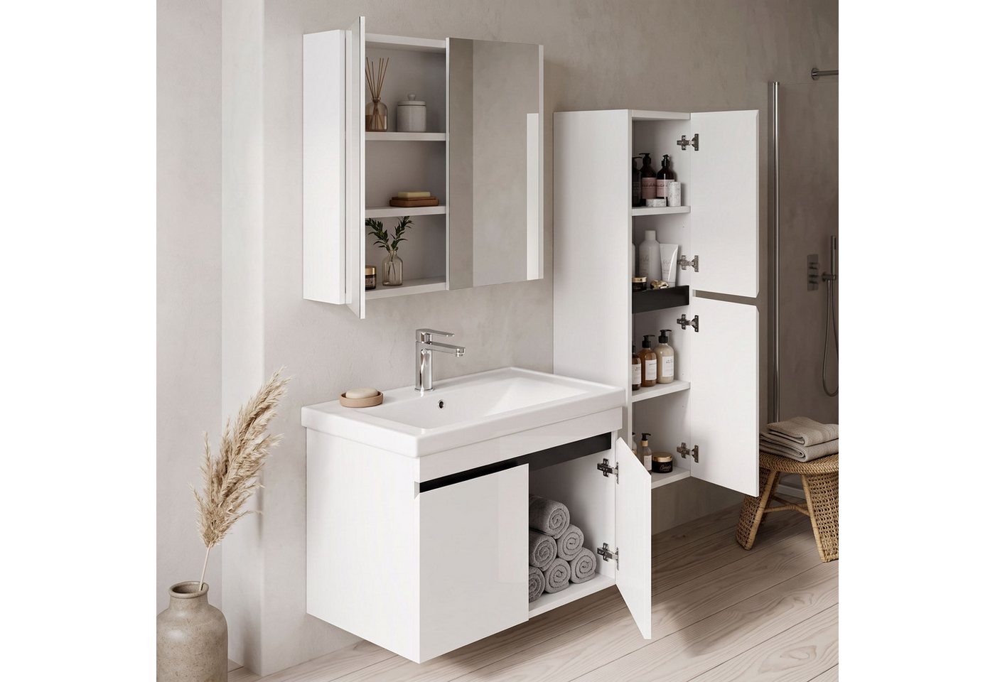 Karen Badmöbel-Set Badmöbel Set Venus, (Komplett-Set, Standartmäßig 3-Teilig (Unterschrank, Spiegelschrank, Waschbecken), Optionaler Hochschrank, 3-St., Untersc – Bild 5 von 5