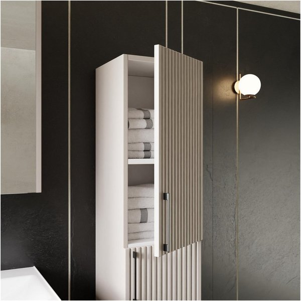 Karen Badmöbel-Set Hochschrank Liana, (Optionaler Hochschrank, 1-St., Hochschrank mit Türen & Regalen), Pastellfarben, Riffeloptik, Bügelgriffe, Softclose