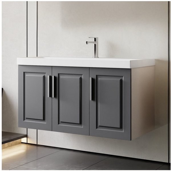Karen Waschtisch-Set Waschtisch mit Unterschrank Arin Anthrazit, (Komplett-Set, Standartmäßig 2-Teilig (Unterschrank, Waschbecken), 3-St., Der Lieferumfang umfa