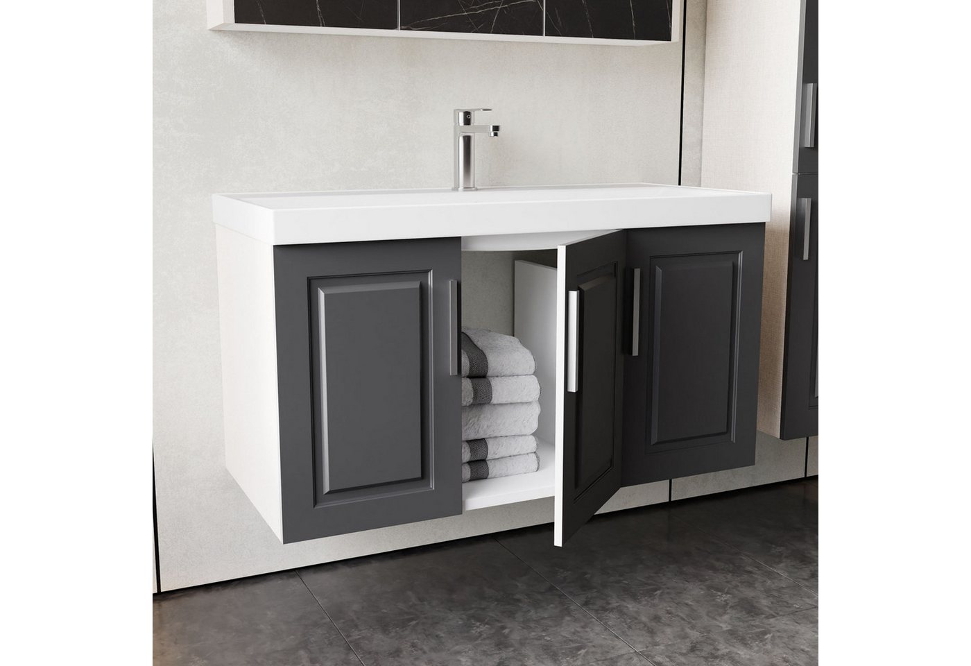 Karen Waschtisch-Set Waschtisch mit Unterschrank Arin Anthrazit, (Komplett-Set, Standartmäßig 2-Teilig (Unterschrank, Waschbecken), 3-St., Der Lieferumfang umfa – Bild 2 von 4