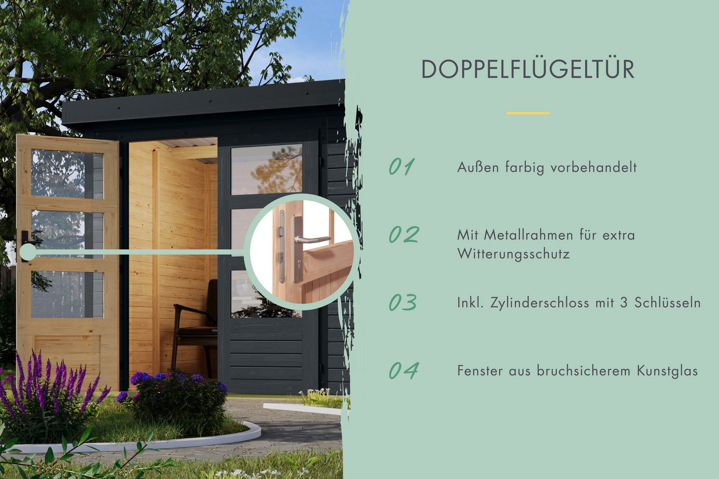 Karibu Gartenhaus Jupiterino 2 SET, in verschiedenen Farben, BxT: 453x235 cm, (Set), inkl. Anbaudach, Made in Germany – Bild 3 von 5